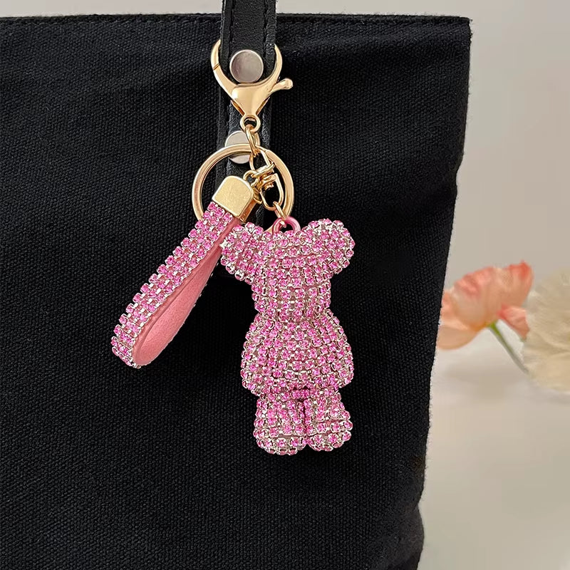 Full Crystals Anime Cartoon Keychain Wommen Bag Key Ring Hearts Bulldog Bears Souvenirs Gifts Брелоки