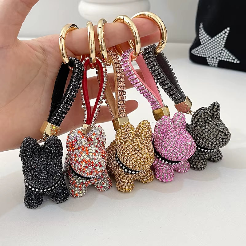 Full Crystals Anime Cartoon Keychain Wommen Bag Key Ring Hearts Bulldog Bears Souvenirs Gifts Брелоки